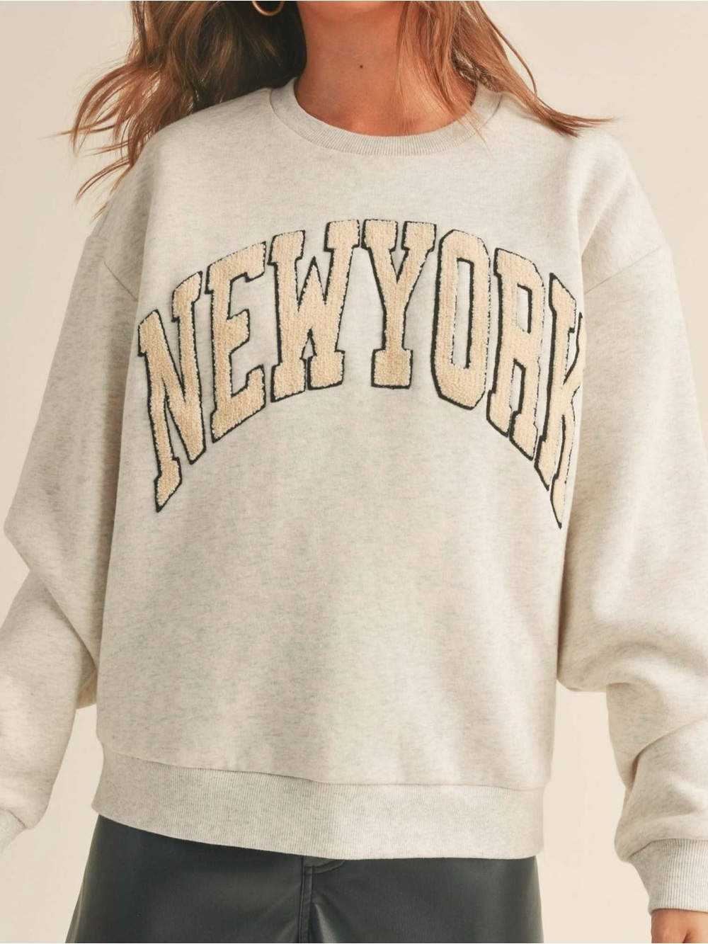 Miou Muse New York Boucle Letter Patch Heather Crewneck Sweatshirt Size Small